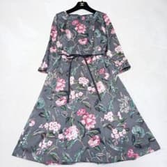 現行✨ローラアシュレイ 花柄ロングワンピース Aライン グレー 7分袖