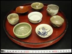 時代 根来 丸盆 ぐい呑 酒器 七個 まとめて(P448) 時代 根来 丸盆 ぐい呑 酒器 七個 まとめて(P448) - メルカリ