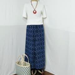浴衣リメイク　ワイドパンツ　ハンドメイド　幾何学模様　ゆったり　ブルー系男女兼用のサムネイル