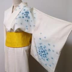 訪問着 水色花柄 アイボリー　単衣　正絹? 154/61/20.5/29/45