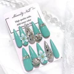 【翌日発送】♡即購入OK現品ネイルチップ　ギャル　ロング　ミント　ハイビスカスのサムネイル