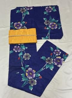 未使用品　タグ付き　大人　浴衣 綿カネボウプリント生地 花柄　紺地のサムネイル