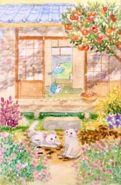 momorin様手描き水彩画 柿の木と猫さんと小鳥さんたち ※900円です