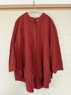 無印良品　リネン洗いざらし七部袖シャツ　レッドストライプ　XLのサムネイル
