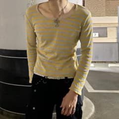 や*ち様 Y2K 00s ボーダーロンT ピチT 短丈 イエロー KA16