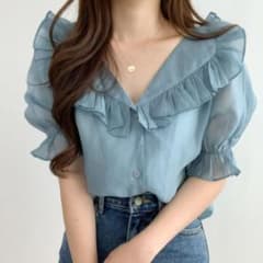 ブラウス　シフォンシャツ　シアー　青　韓国　レディース　フリルのサムネイル