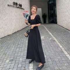 バックリボン パフスリーブ ロングワンピース ブラックのサムネイル