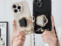 iPhoneケース ショルダー ミラー付き 花柄　ブラックのサムネイル