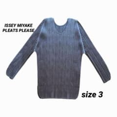 プリーツプリーズ イッセイミヤケ 刺繍 七分袖 トップス グレー サイズ3