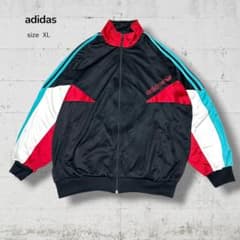 90s adidas トレフォイルトラックジャケット万国旗タグXL黒マルチ