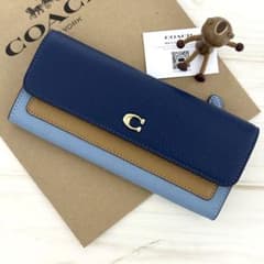 新品 COACH コーチ 長財布 マルチ ブロック ブルー - メルカリ