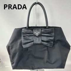 PRADA】美品 リボン ナイロンバッグ／ブラック×レザー／大容量上品