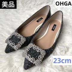 美品　OHGA ビジューパンプス　ツイード調　グレー　23cm ポインテッド 美品 OHGA ビジューパンプス ツイード調 グレー 23cm ポインテッド