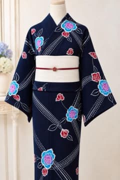 【小さめサイズ】浴衣 注染 薔薇 レトロモダン 子ども リメイク生地にも！のサムネイル