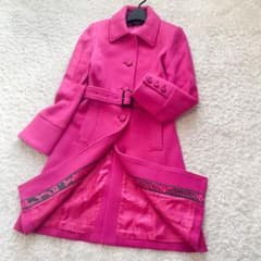 LEONARD 高級アンゴラウール ベルテッドロングコートトリム 花柄 S