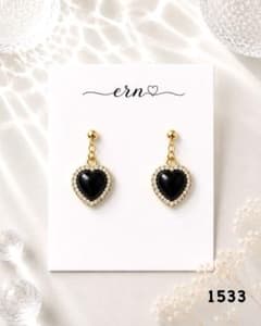 1533 ブラック ハート ビジュー ハンドメイド ピアス イヤリング
