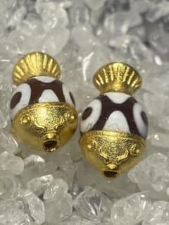 24金仕上げ 鯉 三眼天珠 天然石チベット 伝統工芸 2個セット0625②