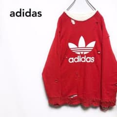 adidas アディダス ダメージ スウェット 赤 ボロ ビンテージ加工 古着のサムネイル