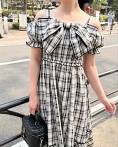 アンミール An MILLE ビッグリボンオフショルop チェックワンピース 