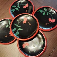 漆器 銘々皿 5枚セット ハイビスカス柄 蒔絵風のサムネイル