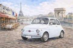 フィアット500 水彩画 ハンドメイド フランス パリ 車 絵 エッフェル塔