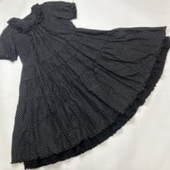 試着のみ】ピンクハウス 黒 ドット柄 裏地裾ピコフリル使い ワンピース 