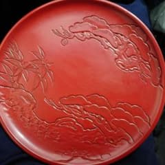 最終値下げ済】村上堆朱 牡丹彫り 盆 丸盆 伝統工芸 - メルカリ