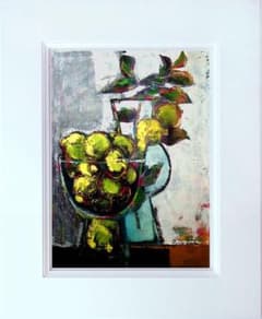 油絵 菅家令子 絵 絵画インテリア 額付(白) uF6-063304 果物レモン