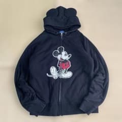 美品 ディズニー ミッキー 耳付きパーカー フルジップ ブラック 裏ボア