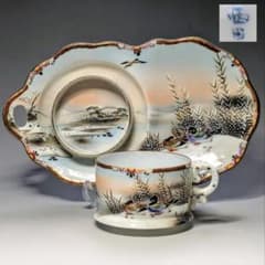 オールドニッポン 西田　スナックセット卵殻手　花鳥図冬景色　白釉盛上　超細密画 オールドニッポン 西田 スナックセット卵殻手 花鳥図冬景色 白釉盛上