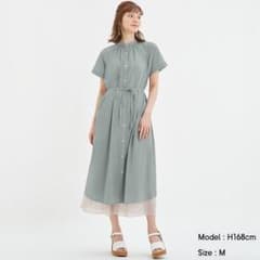 GU バンドカラーギャザーワンピース(半袖) GREENのサムネイル