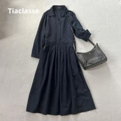 ティアクラッセTiaclasse長袖スキッパーシャツワンピース　ロング　ネイビー