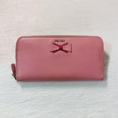 お買い得品　PRADA プラダ　バイカラー　ピンク　ラウンド　リボン　ジッパー お買い得品 PRADA プラダ バイカラー ピンク ラウンド リボン ジッパー
