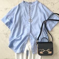 美品♪セオリーリュクス コットンバンドカラー半袖シャツ 38 ブルー 高橋リタ 美品♪セオリーリュクス コットンバンドカラー半袖シャツ 38 ブルー
