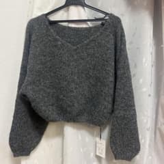 グレー Vネック 長袖ニットセーターのサムネイル