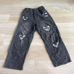 キッズ デニムパンツ ハート型ダメージ加工 ブラックのサムネイル