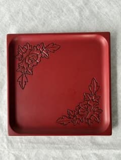 村上木彫堆朱赤い漆器 盆 花彫刻のサムネイル