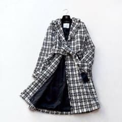 【ANAYI】チェックツイード　ベルテッドコート　チェスター　フリンジ　38 ANAYI】チェックツイード ベルテッドコート チェスター フリンジ 38