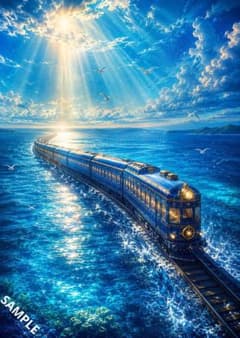 海の上を走る幻想的な列車のデジタルアートのサムネイル