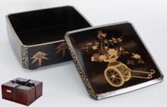 時代漆器 黒漆金蒔絵 花車文 ー段重箱 共箱付 菓子器 御節料理 古美術