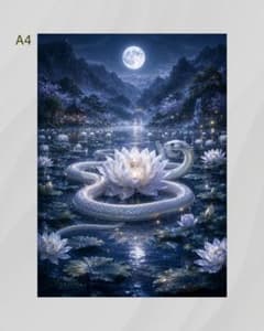 第四境 白蛇と満月の蓮池 神獣が棲む十二の秘境 A4幻想アートポスター額なしのサムネイル