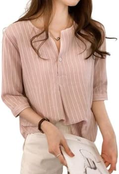 シャツ ブラウス レディース ストライプ スリット 七分袖 ピンクM