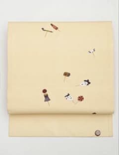 名古屋帯 刺繍 玩具ベージュ クリームだるま 必勝 合格祈願 正絹 開運 