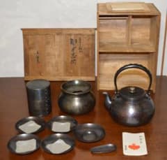 茶道具　玉川堂 銅製茶道具 【茶箕&急須台】2点と、 茶筒 青銅製 のセット 玉川堂 1940～50年代 やかん 茶筒 茶箕 茶托 建水 銅瓶 茶器 セット