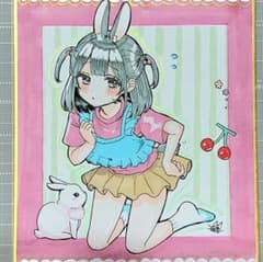 手描きイラスト さくらんぼ髪飾りの女の子 うさ耳ver. ミニ色紙のサムネイル