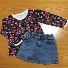 chocolaの花柄ロンＴとデニムのスカート　２枚セットのサムネイル