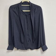 GU 長袖 ボウタイブラウス ネイビー 小紋柄 Lのサムネイル