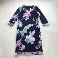 レオナール　ワンピース　大きいサイズ　LL 花柄　フラワー　鳥　七分袖　ネイビー レオナール ワンピース 大きいサイズ LL 花柄 フラワー 鳥 七分袖