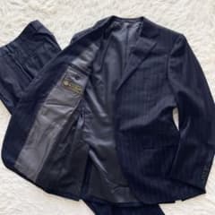 ロロピアーナ×ミツミネ 裏地モノグラム セットアップ ネイビーストライプ M相当 美品 伊製 高級生地 ロロピアーナ ミツミネ セットアップ レッド