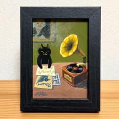 アクリル画 手描き 黒猫 インテリア アート 蓄音機 音楽 レコード